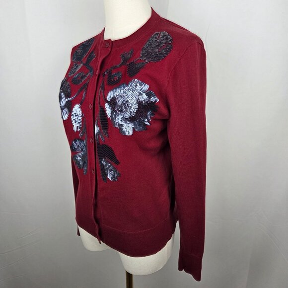 NWOT J. Crew Sequin Floral Embroidered Jackie Cardigan Small Red Unique Elegant - Picture 6 of 11